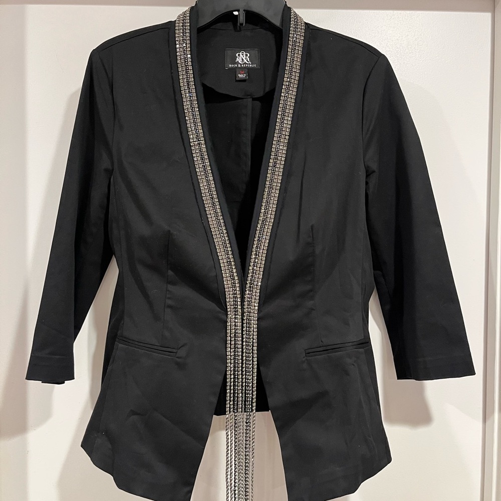 Rock & Republic Black Open-Front Blazer with Rhinestone Trim